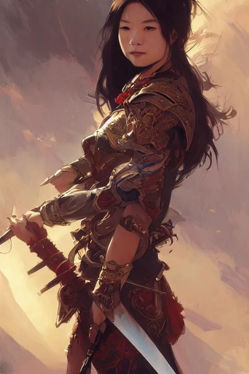 Image similar to asian girl with very big sword, d & d, fantasy, portrait, highly detailed, digital painting, artstation, concept art, sharp focus, illustration, art by greg rutkowski and alphonse mucha