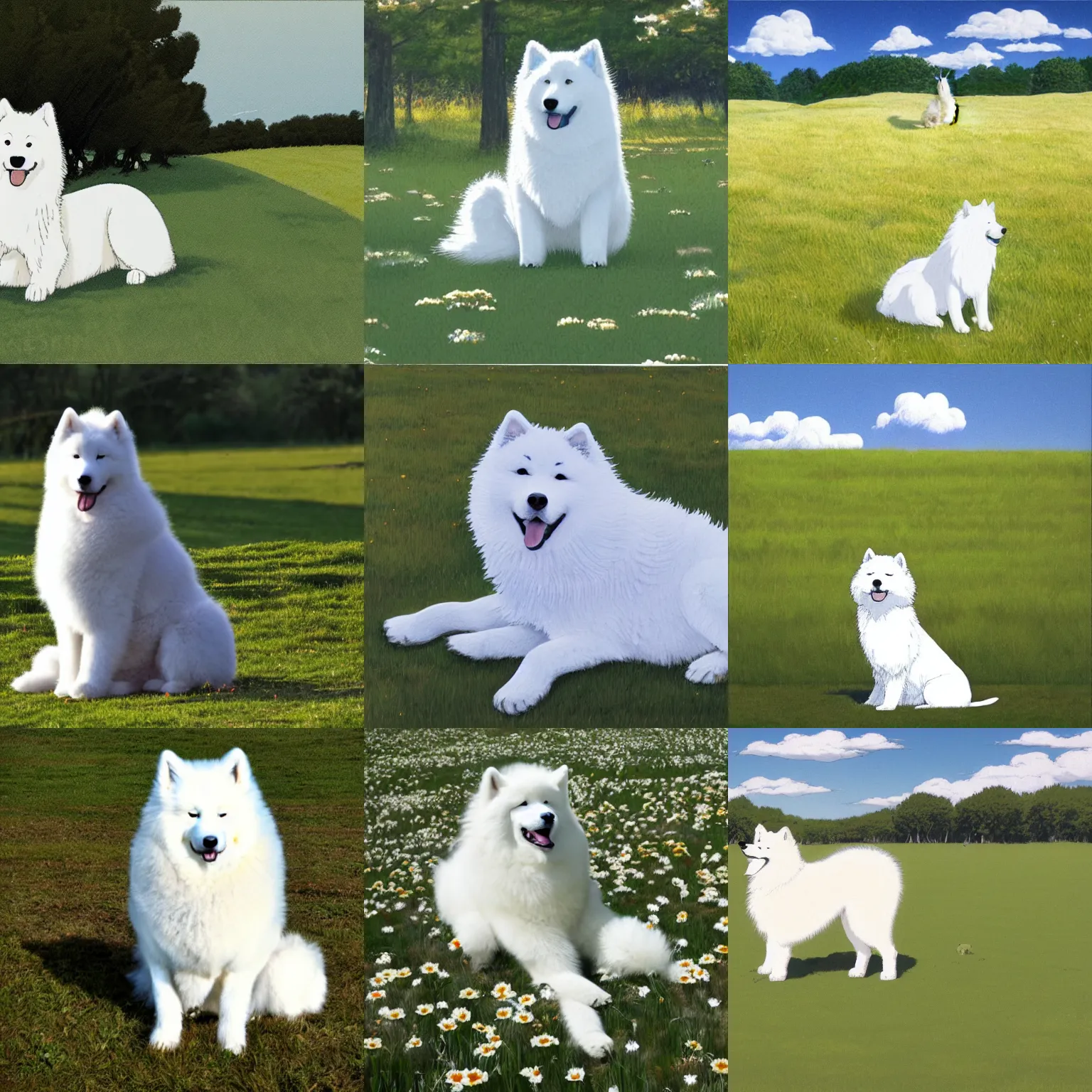 Prompt: a samoyed dog sitting in the middle of sunny meadow, by Shinichiro Watanabe