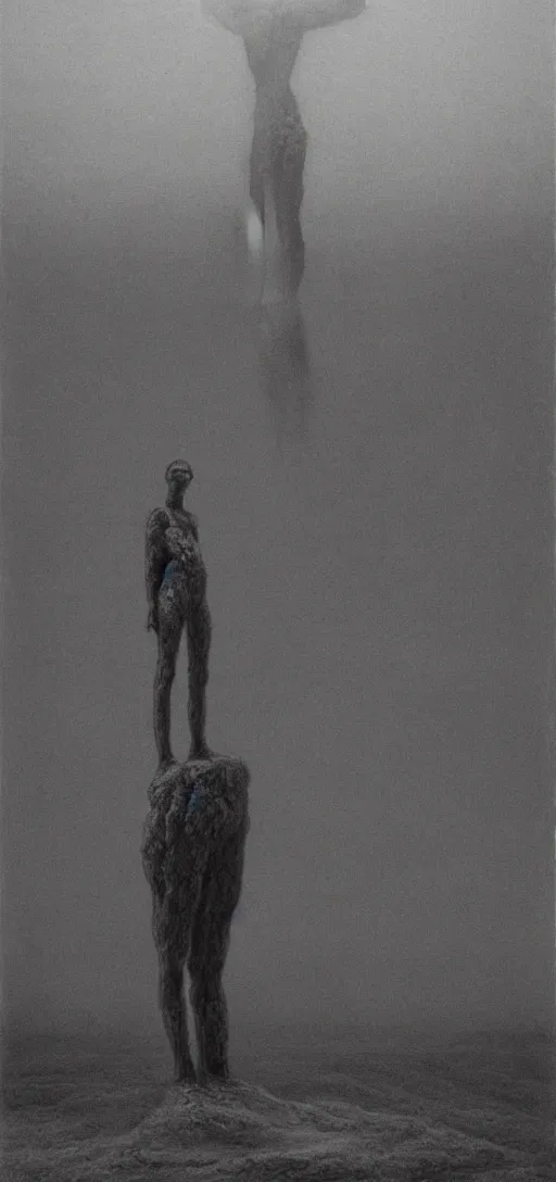 Image similar to huge detailed standing in wasteland in style of zdzisław beksinski