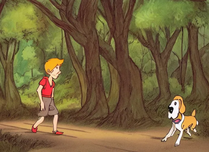 Image similar to A cartoon of a boy and his dog walking down a forest lane, style by don bluth