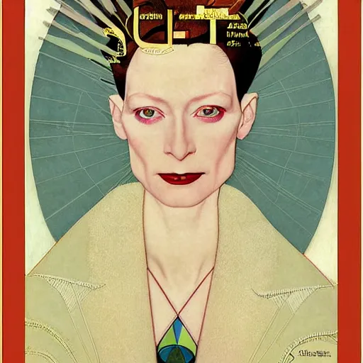 Image similar to a portrait by coles phillips of the stunningly beautiful actree, tilda swinton, mucha, kandinsky, art deco, decadence,