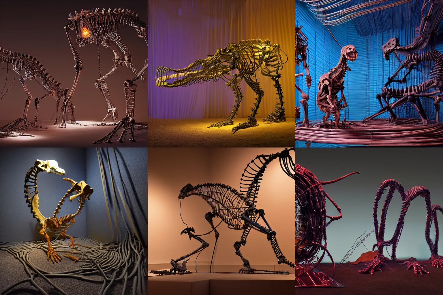 Prompt: Simple funny mechanic organic dinosaur skeleton sculpture made from cables, wires and tubes by moebius, by david lachapelle, by angus mckie, by rhads, in a dark empty black studio hollow, c4d, at night, rimlight, xray