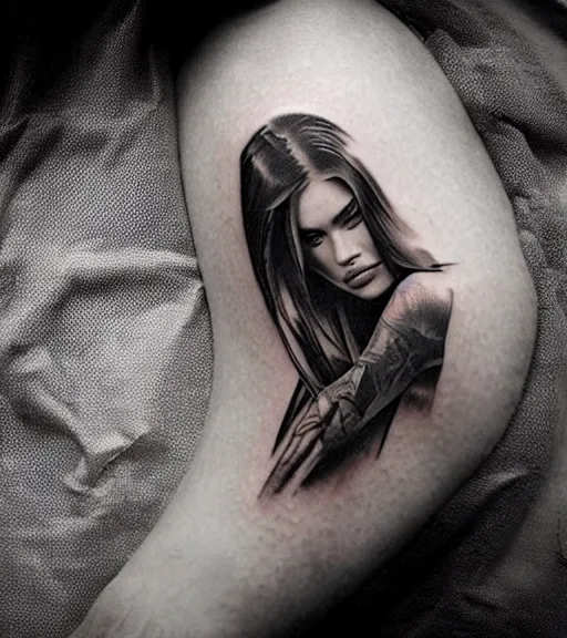 Image similar to double exposure tattoo design sketch of megan fox with beautiful mountain scenery, realism tattoo, in the style of den yakovelev, amazing detail, sharp