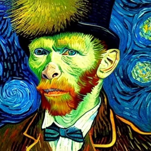 Image similar to a van gogh painting of a baby orangutan wearing a top hat, 4 k, hyper realistic, dslr, landscape, high resolution