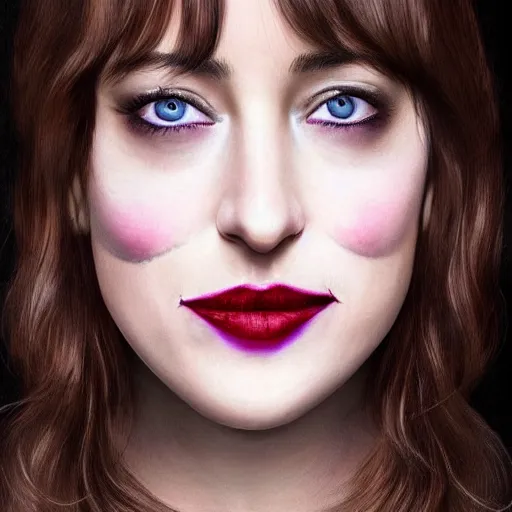 Image similar to beautiful dakota johnson with joker makeup, highly detailed, realistic face, detailed face, amazing digital art