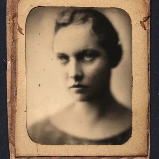 Image similar to antique photograph of a beautiful woman, sad eyes, cracked and faded photo paper, staring at the camera, headshot, dark background, low light, dark