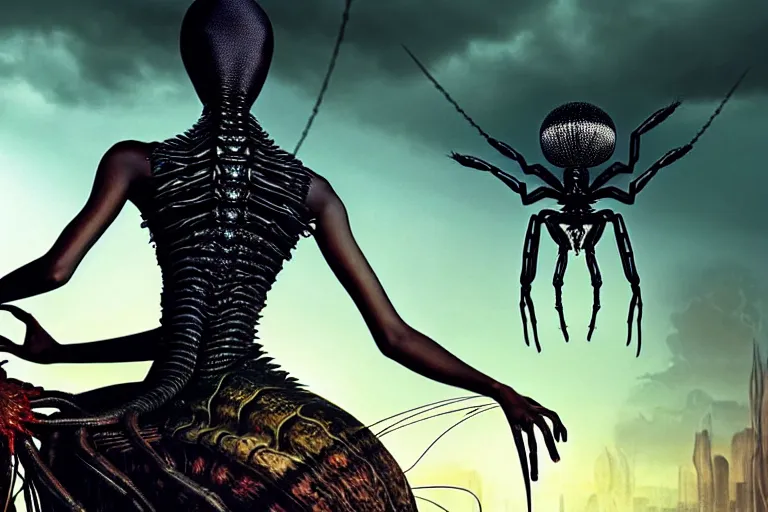 Image similar to realistic detailed closeup portrait movie shot of a beautiful black woman riding a giant spider, dystopian city landscape background by denis villeneuve, amano, yves tanguy, alphonse mucha, max ernst, ernst haeckel, kehinde wiley, caravaggio, roger dean, cyber necklace, rich moody colours, sci fi patterns, wide angle