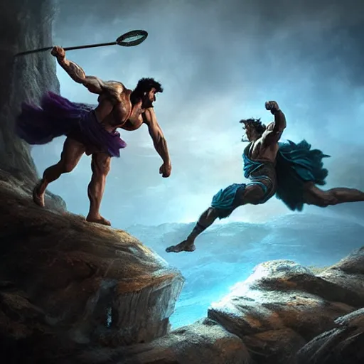 Prompt: Hercules in an intense fight against Perseus over a cliff, artwork by Stefan Kopinski and Guillem H. Pongiluppi, photo realistic, atmospheric lighting, HDR, high detail