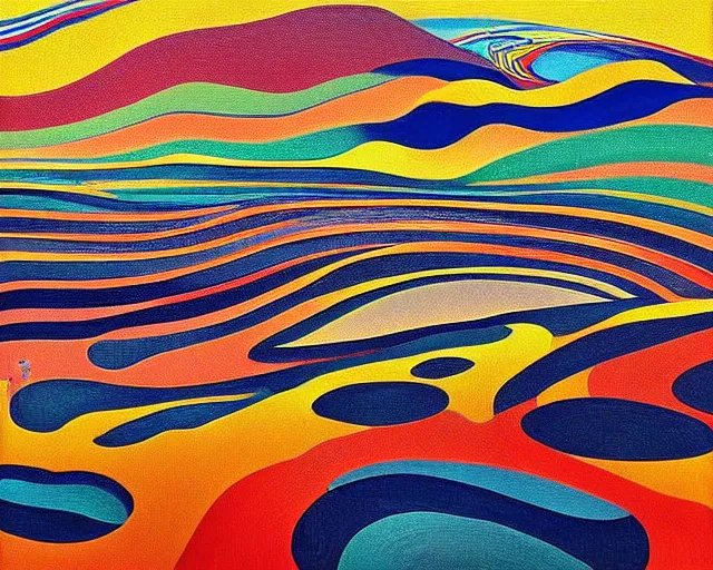 Image similar to A wild, insane, modernist landscape painting. Wild energy patterns rippling in all directions. Curves, organic, zig-zags. Saturated color. Mountains. Clouds. Rushing water. Waves. Psychedelic dream world. Wayne Thiebaud. Lisa Yuskavage landscape.