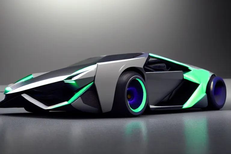 Image similar to cyberpunk lamborghini concept inspired sports car, futuristic look, highly detailed body, very expensive, photorealistic camera shot, bright studio setting, studio lighting, crisp quality and light reflections, unreal engine 5 quality render