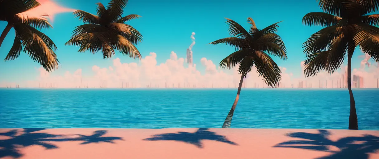 Image similar to synthwave beach, palm trees, water with caustics, 3 d octane render, raytracing, dynamic lighting, focus