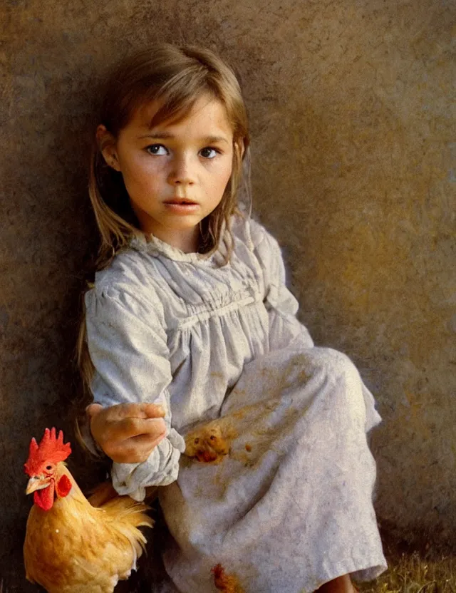 Image similar to portrait of little peasant girl holding a chicken, cottage core, cinematic focus, polaroid photo bleached vintage pastel colors high - key lighting, soft lights, foggy, by steve hanks, by lisa yuskavage, by serov valentin, by tarkovsky, 8 detailed, oil on canvas