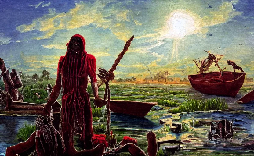 Image similar to an aztec cultist on a boat in the swamp in the style of romanticism, oil painting