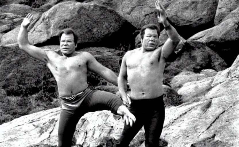 Prompt: william shatner on his kneeds awkwardly gyrating his hips against a rock, trying to make passionate love to the mountain, photo from the set of star trek 1970, 35mm television film