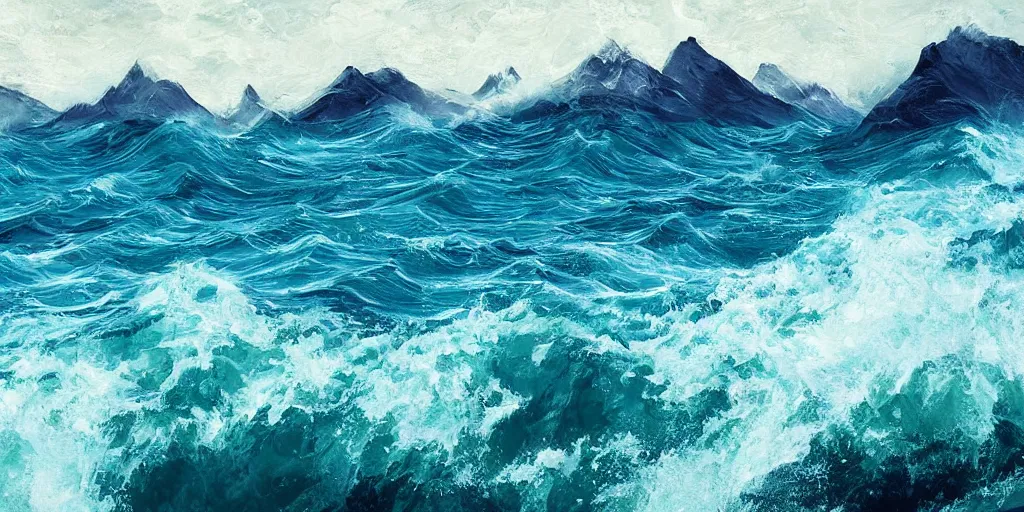 Prompt: mountain peaks with high waves, blue - green ocean, white waves, by piotr jabłonski