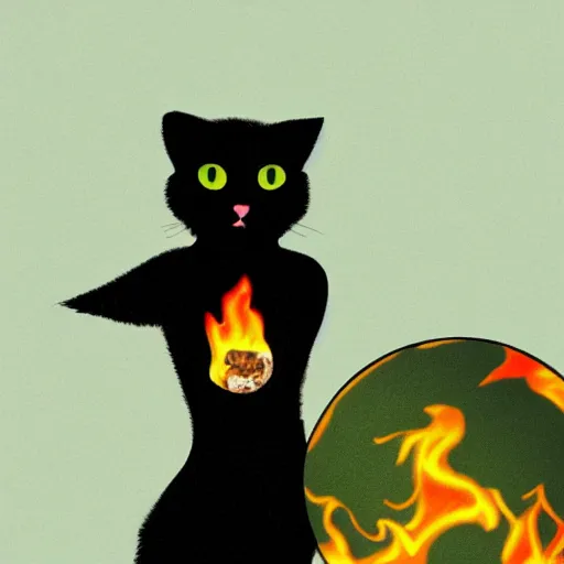 Image similar to white cat with black parts in fur, with green eyes holding planet earth with paws, the planet is on fire