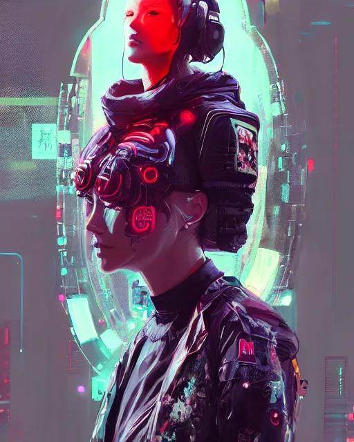 Image similar to detailed portrait vampire neon operator girl, cyberpunk futuristic neon, reflective puffy coat, decorated with traditional japanese ornaments by ismail inceoglu dragan bibin hans thoma greg rutkowski alexandros pyromallis nekro rene maritte illustrated, perfect face, fine details, realistic shaded, fine - face, pretty face
