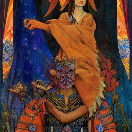 Image similar to the night crown, by Annie Swynnerton and Nicholas Roerich and Diego Rivera, embroidered robes, starry tattoos, elaborate costume, geometric ornament, symbolist, soft colors, dramatic lighting, smooth, sharp focus, extremely detailed