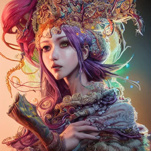 Image similar to the portrait of chaotic good female druid alchemist as absurdly beautiful, gorgeous, elegant, gravure idol, an ultrafine hyperdetailed illustration by kim jung gi, irakli nadar, intricate linework, sharp focus, bright colors, octopath traveler, final fantasy, unreal engine 5 highly rendered, global illumination, radiant light, detailed and intricate environment