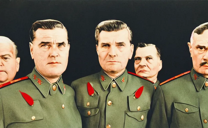 Image similar to 50s movie still close-up portrait of three individual elder soviet generals with very diverses faces in a stalinist style hall, by Irving Penn, Cinestill 800t 50mm eastmancolor, heavy grainy picture, very detailed, high quality, 4k, HD criterion, precise texture, facial precision, diverse haircuts, diverse ages, different expression