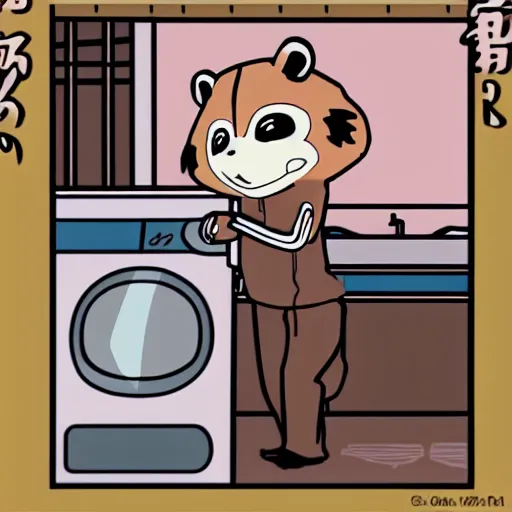 Image similar to Tanuki doing his laundry, anime style