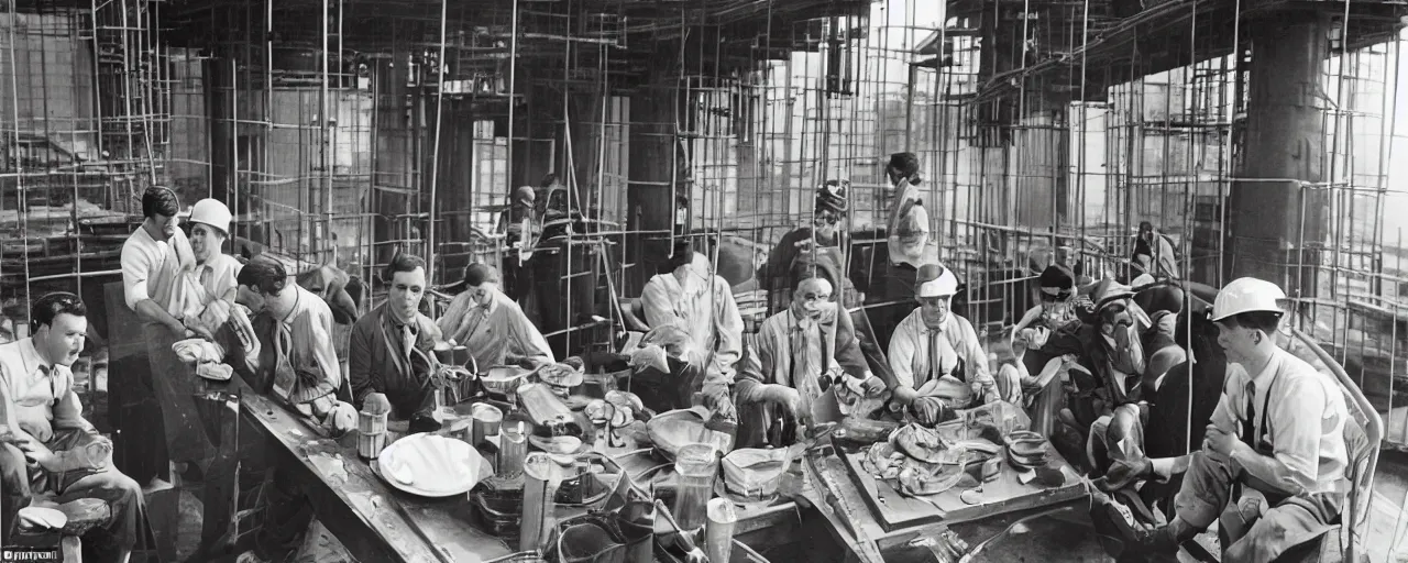 Prompt: eating spaghetti while building the empire state building, 1 9 3 0, construction workers, kodachrome, in the style of wes anderson, retro