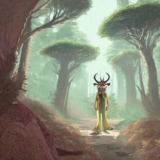 Image similar to concept art painting of an anthropomorphic dragon king with robes, a long neck, and horned skull mask, in a deep forest, cel shaded, in the style of makoto shinkai and james gurney and studio ghibli and moebius