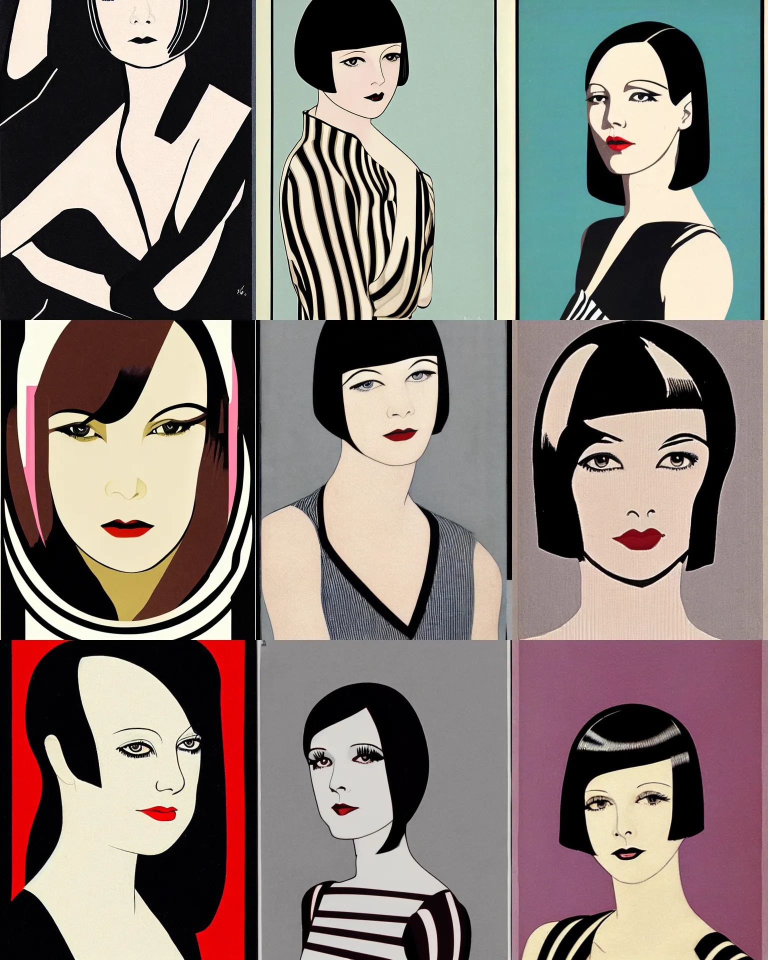 Prompt: mary louise brooks 2 5 years old, bob haircut, portrait by patrick nagel, 1 9 2 0 s, straight lines, art deco stripe pattern