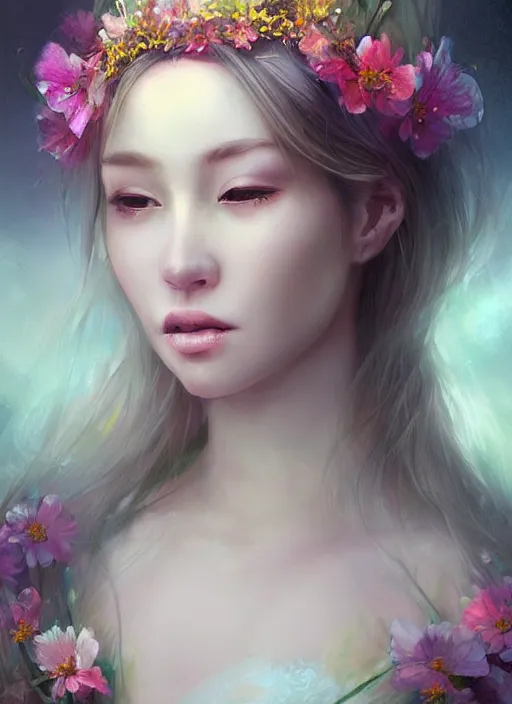 Image similar to a gorgeous flower princess portrait by WLOP, digital painting, beautiful lighting, mystical, detailed flowers, 🌺 cgsociety