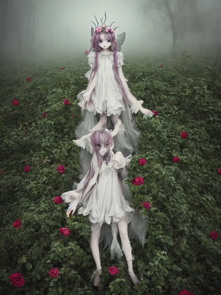 Image similar to cute fumo plush girl among vines in the middle of a foggy dark cursed rose garden under a blue sky, beautiful glowing ethereal gothic magical wraith fairy girl with dark eyes, horns, sheep girl, anime, tattered dress, bokeh, vray