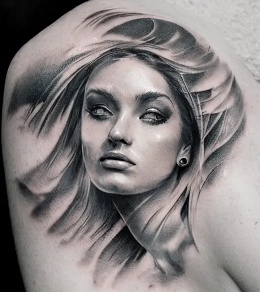 Image similar to tattoo design sketch of an extremely beautiful woman face with a faded background of beautiful mountains on her side, hyper - realistic, double exposure effect, in the style of matteo pasqualin, amazing detail, black and white, faded