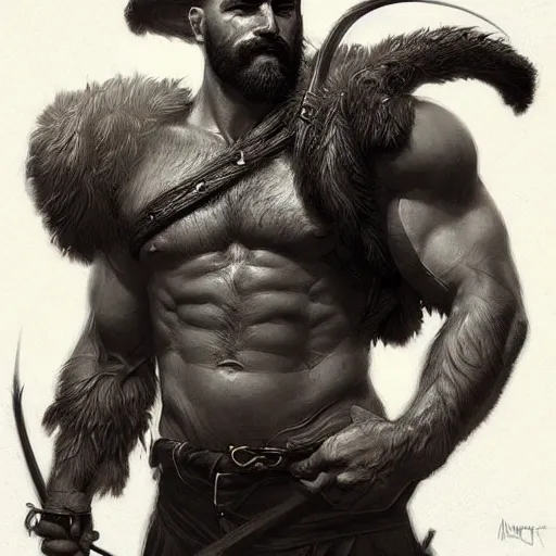 Prompt: portrait of a gruff ranger, Cain, muscular, hairy body, intricate, elegant, highly detailed, digital painting, artstation, concept art, matte, sharp focus, illustration, art by Artgerm and Greg Rutkowski and Alphonse Mucha