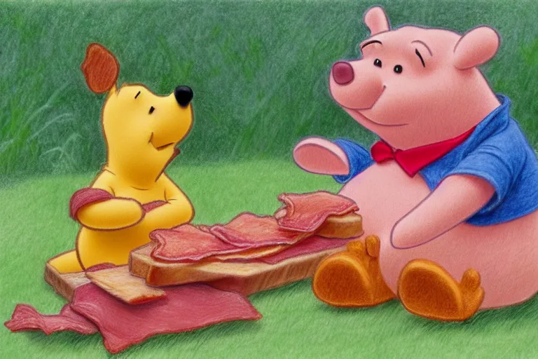 Prompt: winnie the pooh and piglet eating a bacon sandwich, pencil sketch, high detail, hyper realistic,