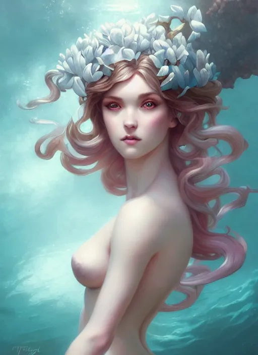 Prompt: character art of a goddess of magnolias as windy dusty underwater angelic young female | | seductive - fine - face, pretty face, key visual, realistic shaded perfect face, fine details by artgerm, wlop, tom bagshaw, james jean, andrei riabovitchev, marc simonetti, trending on artstation