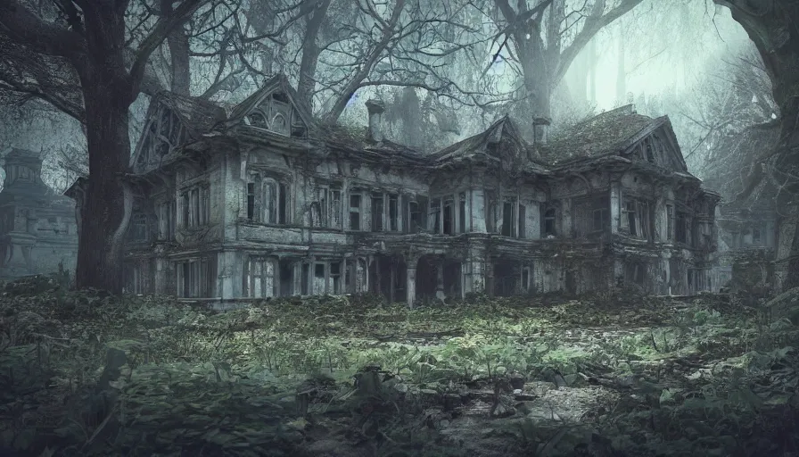 Prompt: abandoned manor in a dark wood, fps game view, hyperdetailed, artstation, cgsociety, 8 k