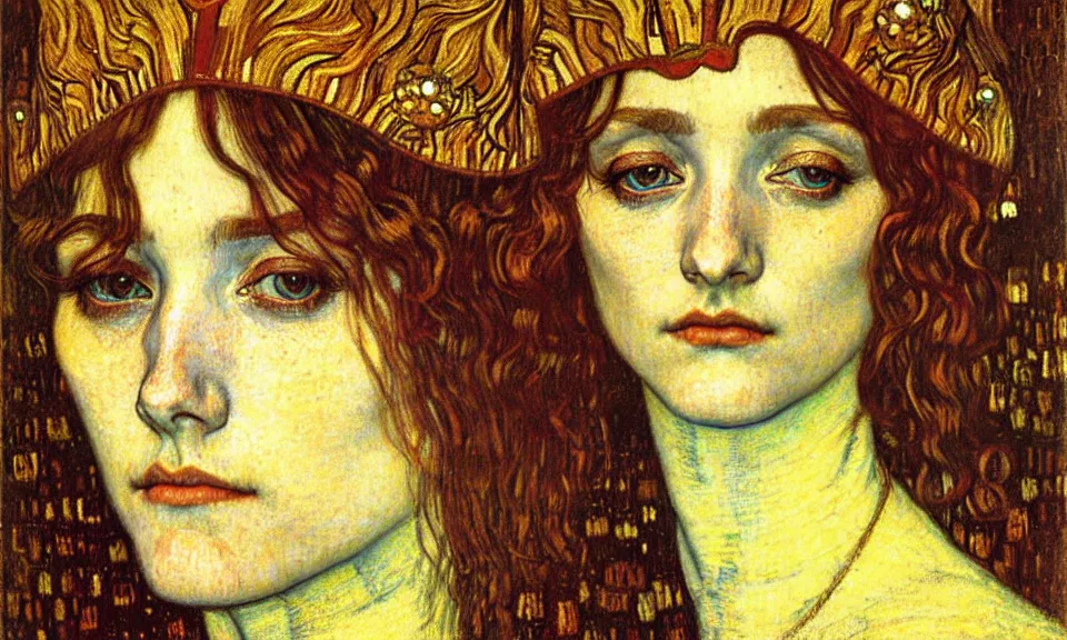 Image similar to detailed realistic beautiful young medieval queen face portrait by jean delville, gustav klimt and vincent van gogh, art nouveau, symbolist, visionary, gothic, pre - raphaelite, muted earthy colors, desaturated