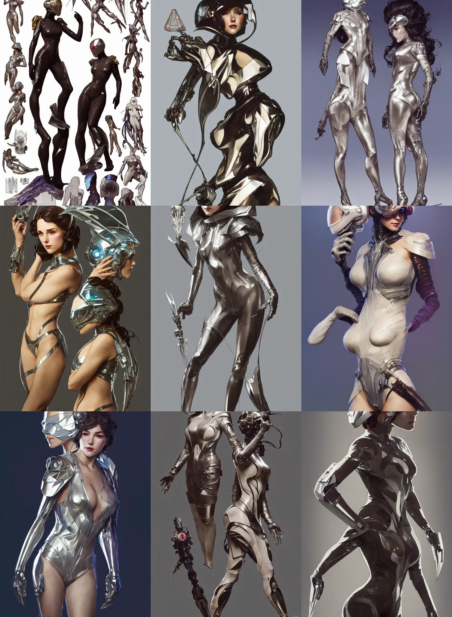 Image similar to a full body character design by artgerm, cushart krenz, greg rutkowski and alphonse mucha. sci - fi dagger. laser and translucent plastic tape project show attctive showgirl!! sci - fi helmet!! sharp edges. ultra clear detailed. contour light effect!! 8 k. ultra detailed, elegant, intricate, octane render.