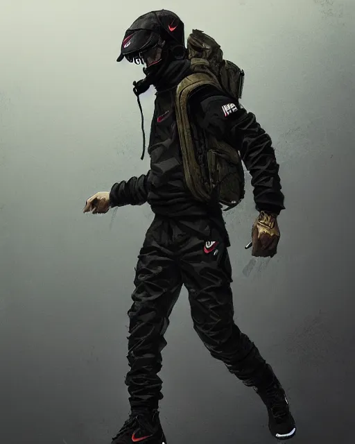 Image similar to Medium shot of a character wearing Nike ACG+Acronym+Riot Division in the style of greg rutkowski