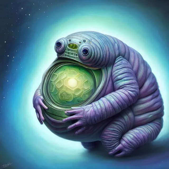 Image similar to a highly detailed tardigrade, it has a beautiful unconventional face, floating through deep space, elegant, hyperrealistic, digital painting, artstation, realism, concept art, pop, smooth, mythological, sharp focus, qualia, illustration, art by mark ryden 3 d 8 k ultra detailed