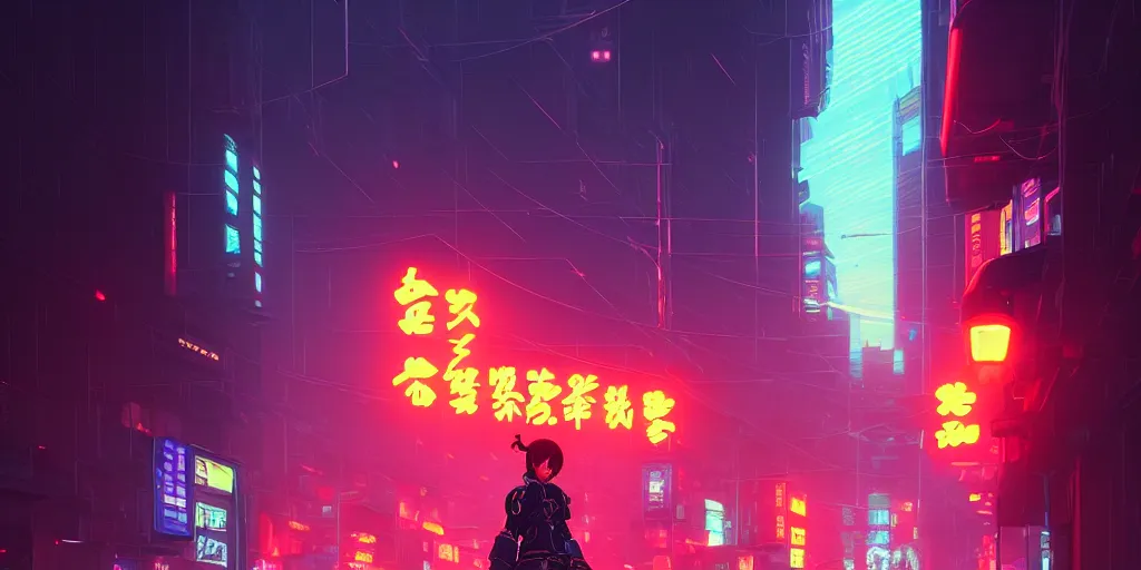 Image similar to digital illustration closeup portrait of cyberpunk samurai in city street at night by makoto shinkai, ilya kuvshinov, lois van baarle, rossdraws, basquiat | afrofuturism, in the style of hearthstone, trending on artstation | cool color scheme