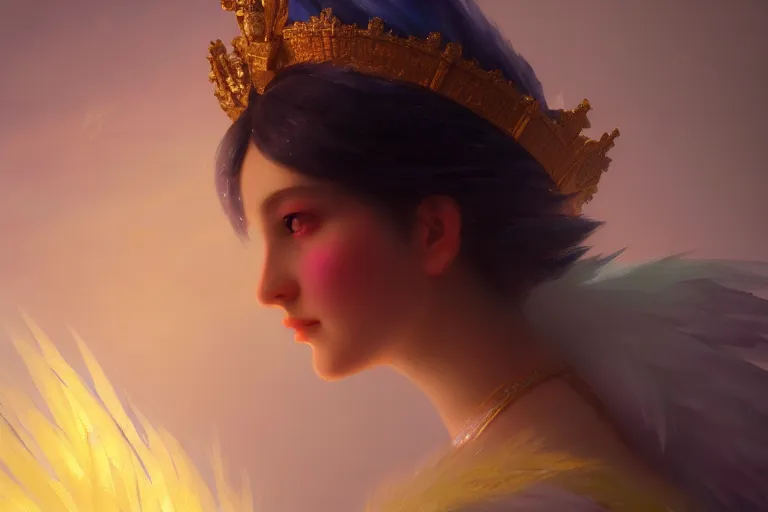 Image similar to Portrait of magical girl, close up, wearing crown of bright feathers, painting by Ivan Aivazovsky and Greg Rutkowski, artstation, fantasy, intricate, beautiful, cinematic, octane render, arnold render, 8k, hyper realism, detailed, sharp focus, 4k uhd, masterpiece, award winning