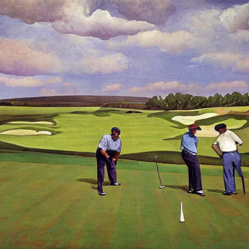 Image similar to Three golfers on a beautiful golf course driving range, by Diego Rivera