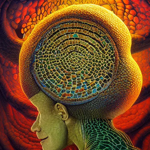 Image similar to fungus labyrinth mohawk scales projector portrait by gaston bussierre and charles vess and james jean and erik jones and rhads, inspired by rick and morty, epic, funny, huge scale, beautiful fine face features, intricate high details, sharp, ultradetailed