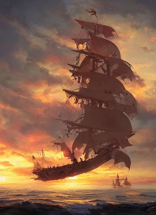 Prompt: a pirate ship soaring through the air majestically at magic hour, volumetric lighting, beautiful sunset painted by raymond swanland