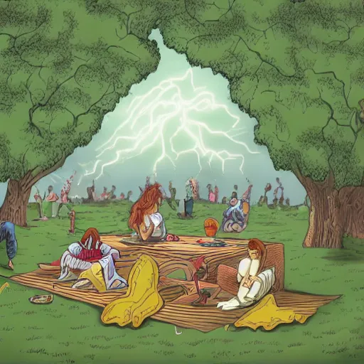 Image similar to a detailed illustration of a god ruining a picnic in the park, nightmare in the park, calamity, dark storms with lightning, ultrawide lens, aerial photography, natural disaster, 8 k, art by the unemployed philosophers guild