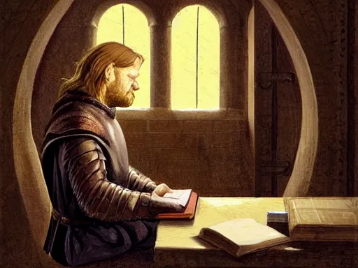 Prompt: portrait of Lord Ned Stark sitting thoughtfully at a medieval desk, reding an ancient book, elegant, digital painting, sharp focus, painted by Marc Simonetti