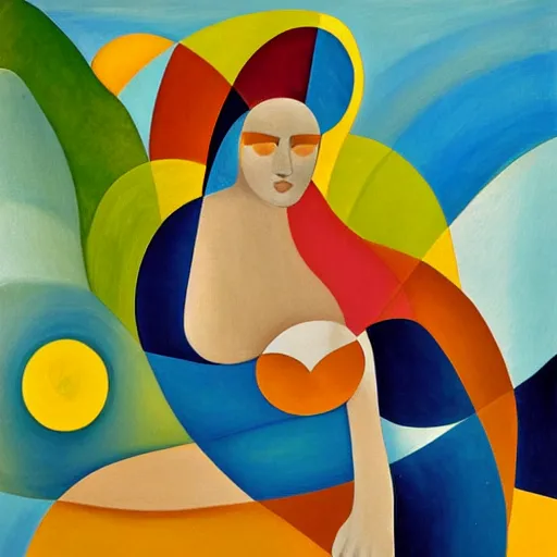 Prompt: woman watches the fast flowing river enter the sea and gathers the colors and dreams of her community, abstract art in the style of cubism and georgia o keefe,