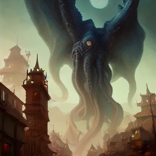 Image similar to gigantic cthulhu, small village for size comparison, dramatic light, painted by stanley lau, painted by greg rutkowski, painted by stanley artgerm, digital art, trending on artstation