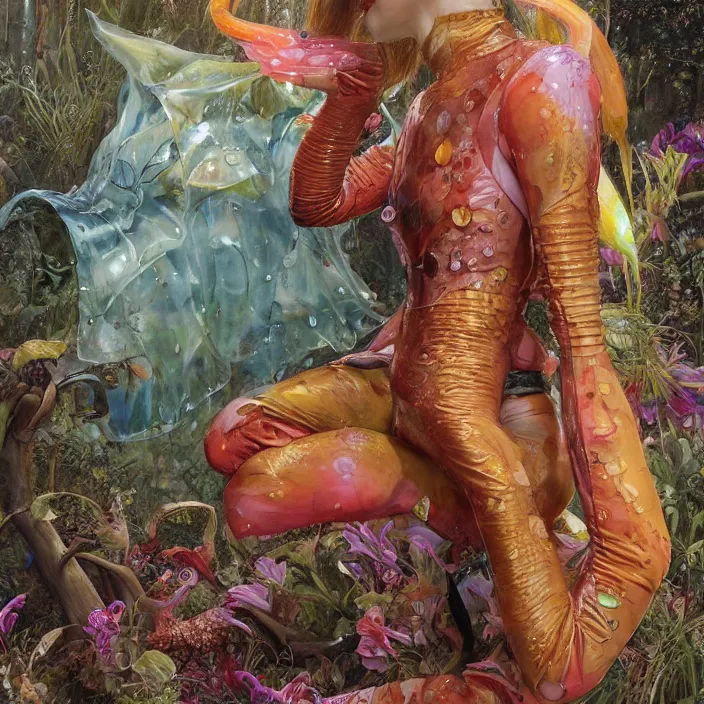 Image similar to a fashion editorial of sadie sink as a brightly colored sphinx amphibian hybrid with wet translucent skin. wearing an growing organic tactical wetsuit. by tom bagshaw, donato giancola, hans holbein, walton ford, gaston bussiere, brian froud, peter mohrbacher and magali villeneuve. 8 k, cgsociety