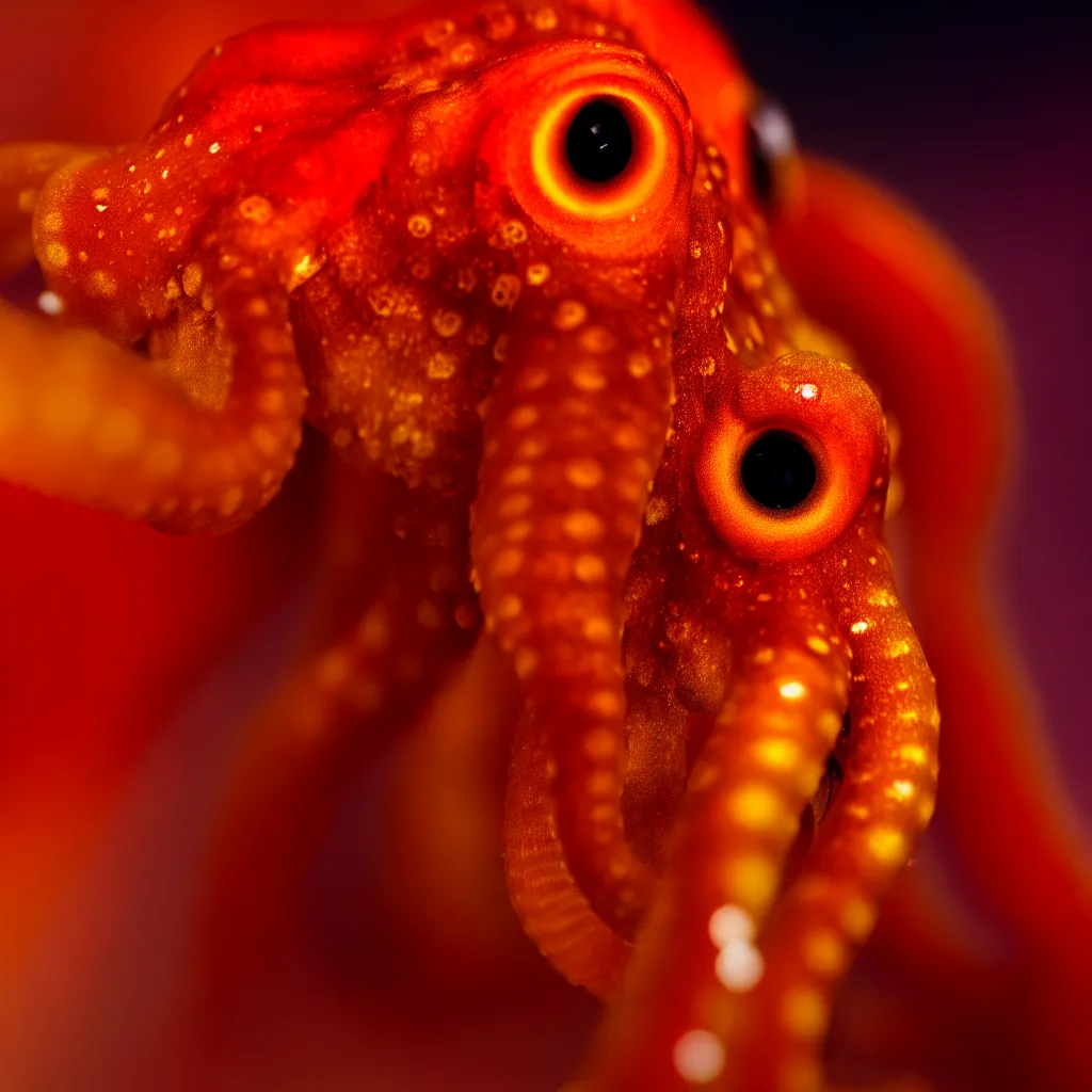 Image similar to fiery whimsical emotional eyes cephalopod, in a photorealistic macro photograph with shallow dof